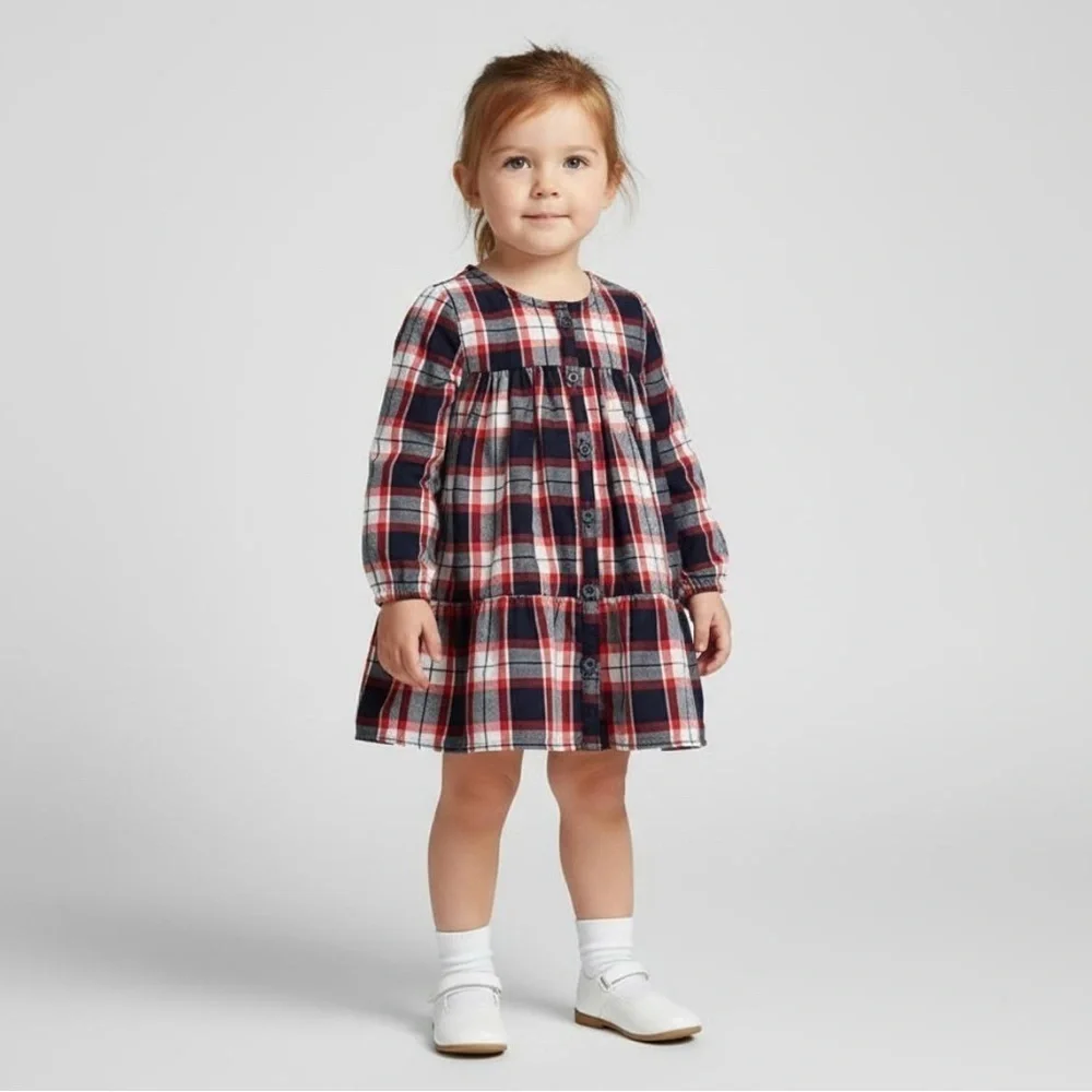 The Children’s Place Baby Girl Holiday Plaid Button Ruffle Dress Size 12-18